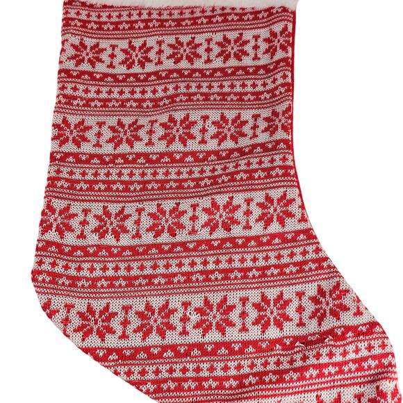 Red Knit Christmas Stocking Nordic Snowflake White Cuff 16” Holiday Decor - Picture 5 of 8